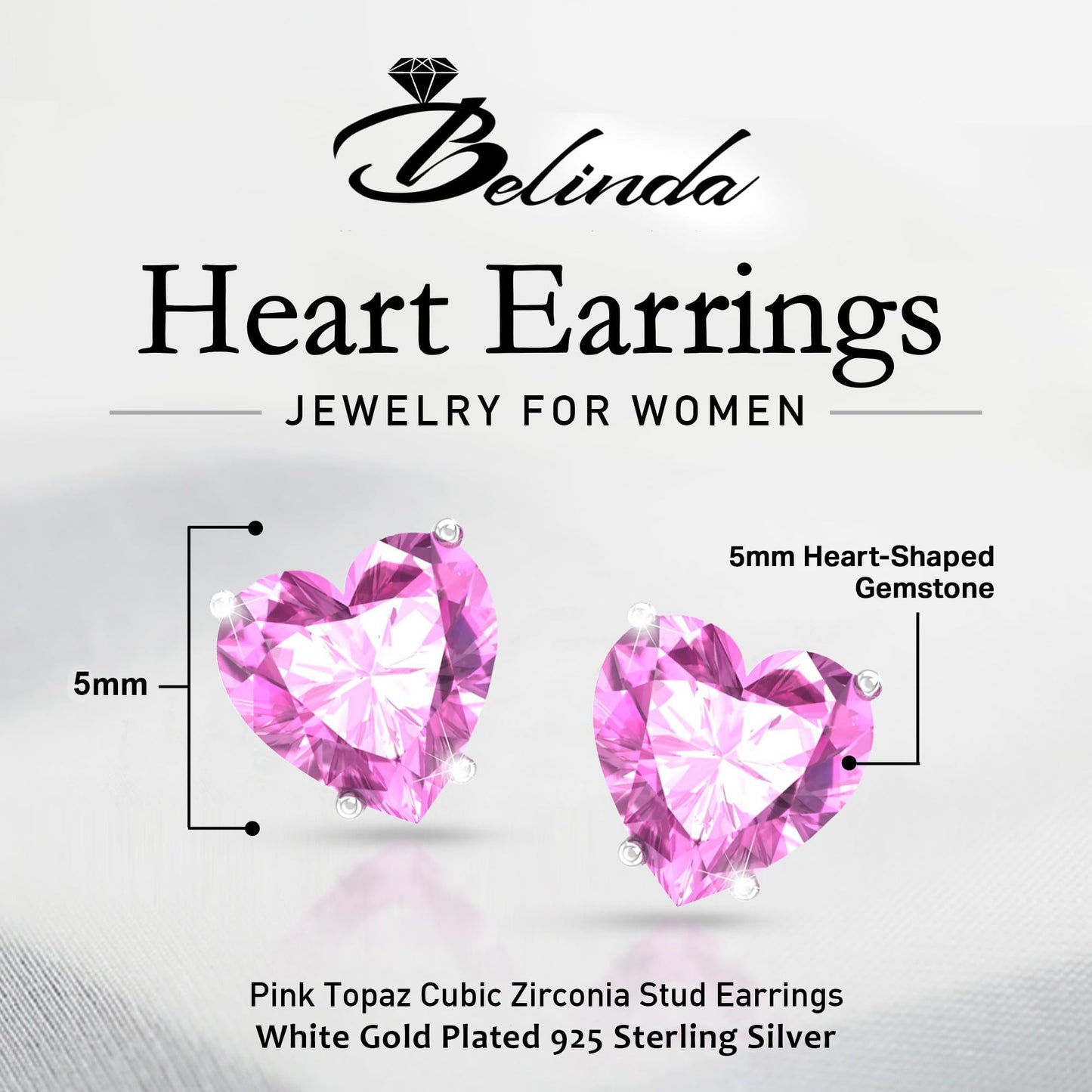 Belinda Jewelz - Heart Stud Earrings, 5mm Cubic Zirconia Heart Earrings with Prong Setting, 925 Sterling Silver Earrings Studs, Pink Topaz Stud Earrings for Women