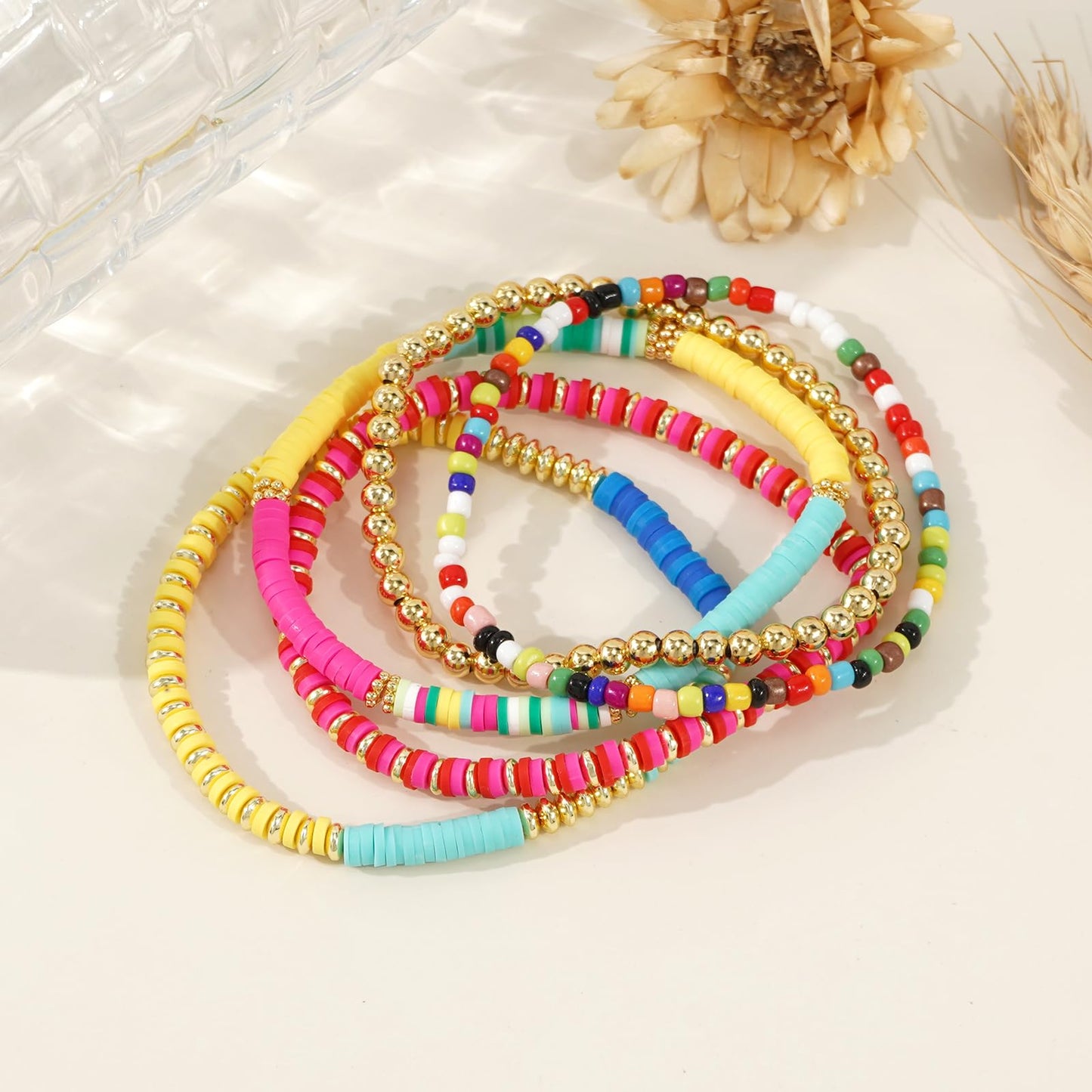 Bohxantium Gold Beaded Friendship Bracelets Stack for Women Boho Colorful Heishi Clay 14K Gold Plated Beads Ball Stackable Stretch Surfer Preppy Bracelet Jewelry Birthday Christmas Gifts for Women