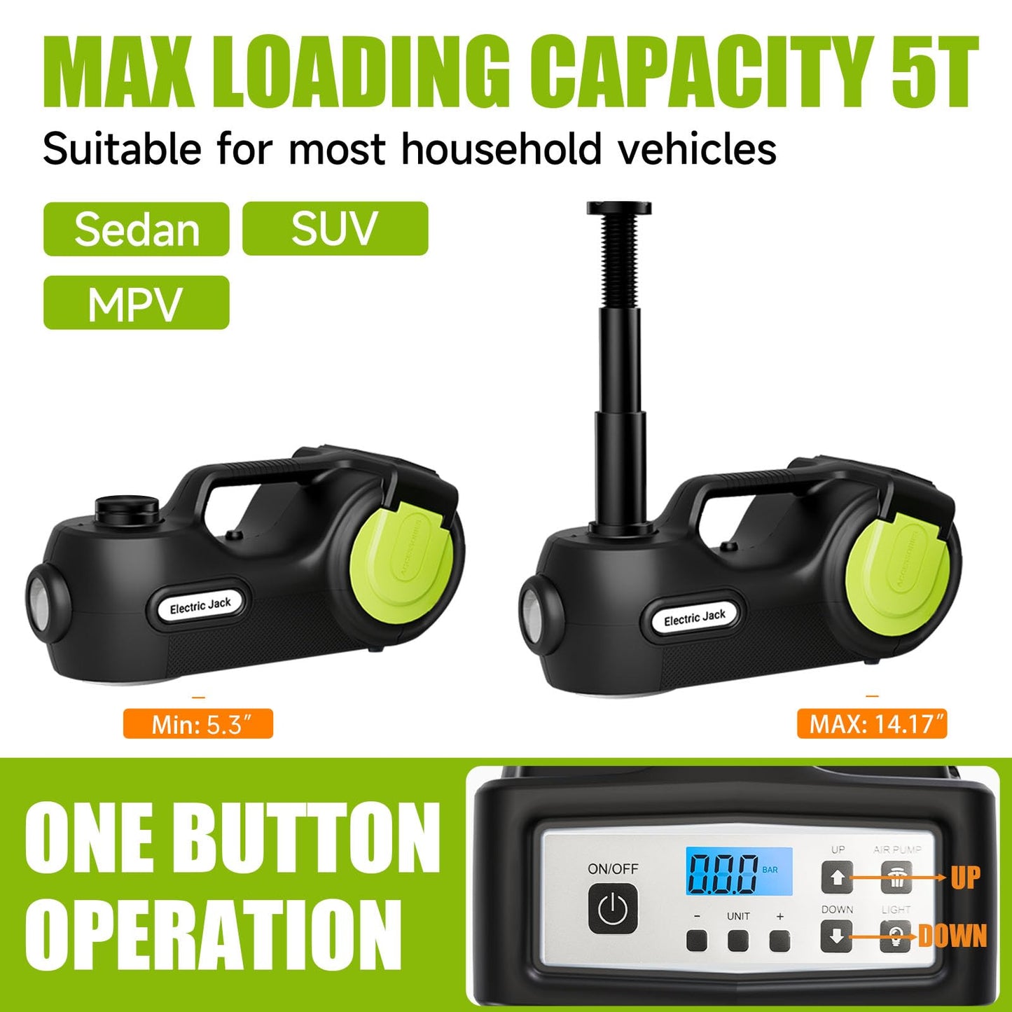 E-HEELP Electric Car Jack Kit 5 ton 12V Hydraulic Car Jack Lift (Lifting Range: 5.3-14.17inches) with Impact Wrench Inflator Pump for Car SUV Sedan MPV, LCD Display and Tire Pressure Monitor