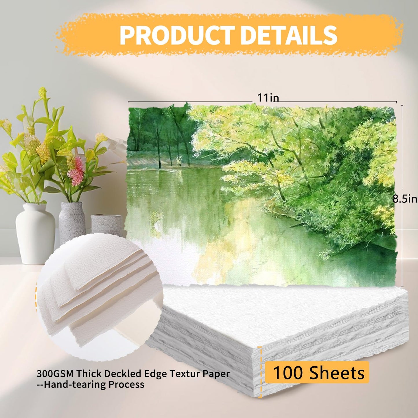 ZAYOUAU 100 Sheets Watercolor Paper, 8.5 x 11 inch White Cotton Handmade 300 GSM Rough Textured Paper Deckled Edge Paper for Watercolors/Wedding Invitations/Cards/Crafts