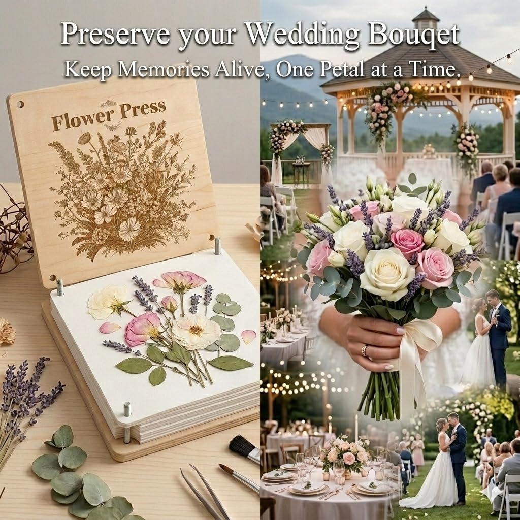 Kaokane Flower Press Kit, 9x9 Wooden Flower Pressing kit with 4 Reusable Drying Plates & 4 Blotting Papers, Dried Flowers Art for Wedding, Pressed Flower kit Herbarium Press Botanical Press kit
