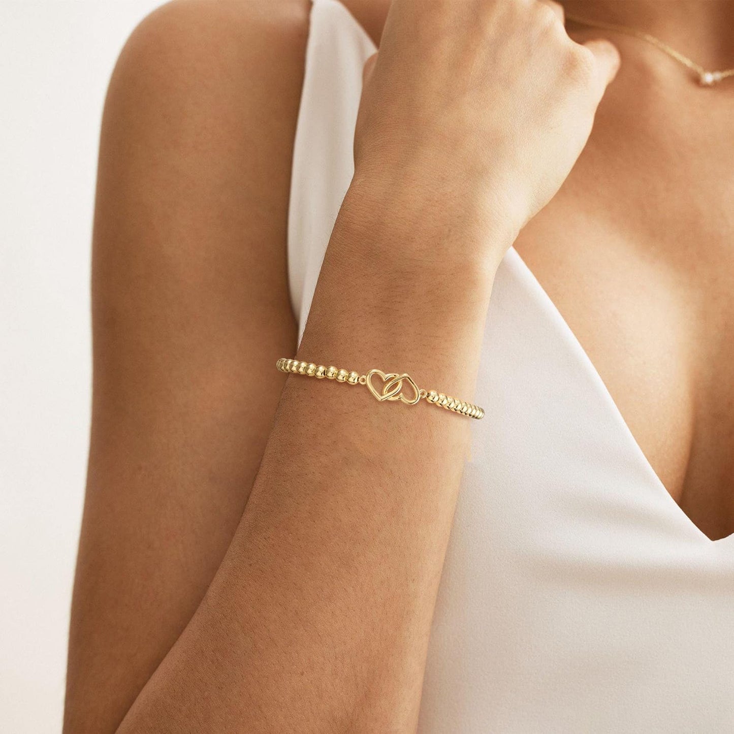 Beaded Bracelets for Women 14K Silver Gold Plated Stretch Handmade Ball Bracelets Cute Charm Bracelet Dainty Stackable Cross Heart Bow Wave CZ Circle Trendy Jewelry Easter Gifts (double-heart)