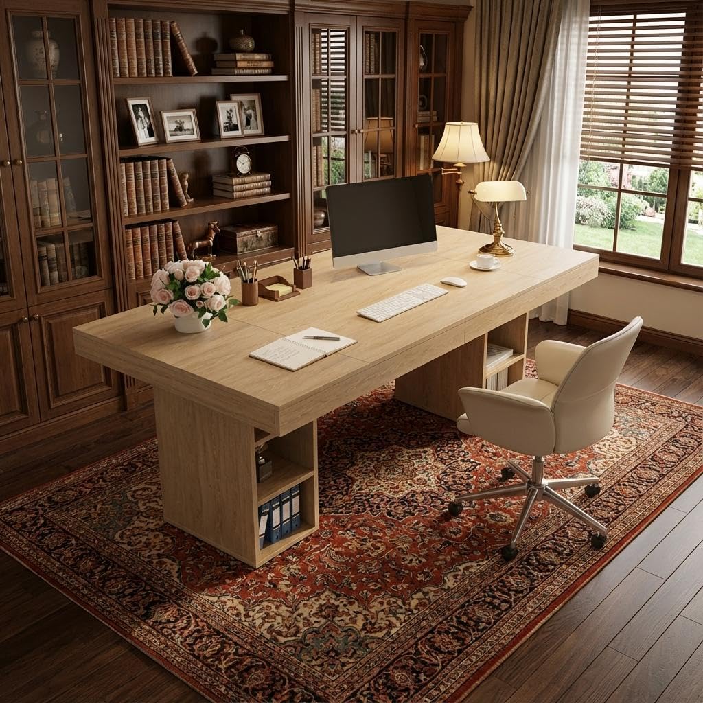 IDEALHOUSE 63”Executive Desk with Cabinet Storage, Farmhouse Home Office Desk, Wooden Computer Desk with Extra Thickened Tabletop & Metal Frame, for Work Study Writing, Oak