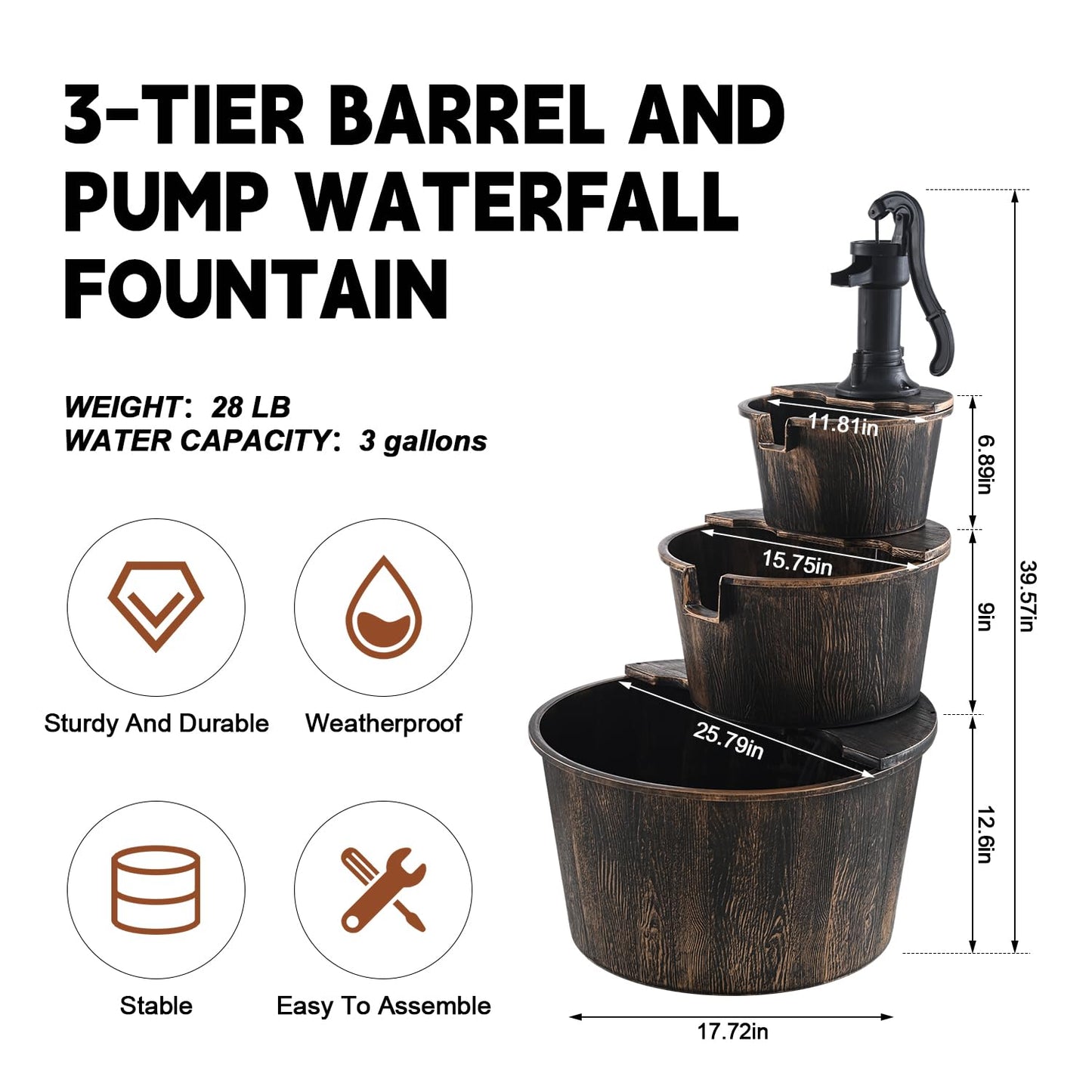 3-Tier Freestanding Rustic Barrel Waterfall Fountain,40-Inch Wood Outdoor Water Fountain with Pump for Garden,Patio, Backyard and Porch