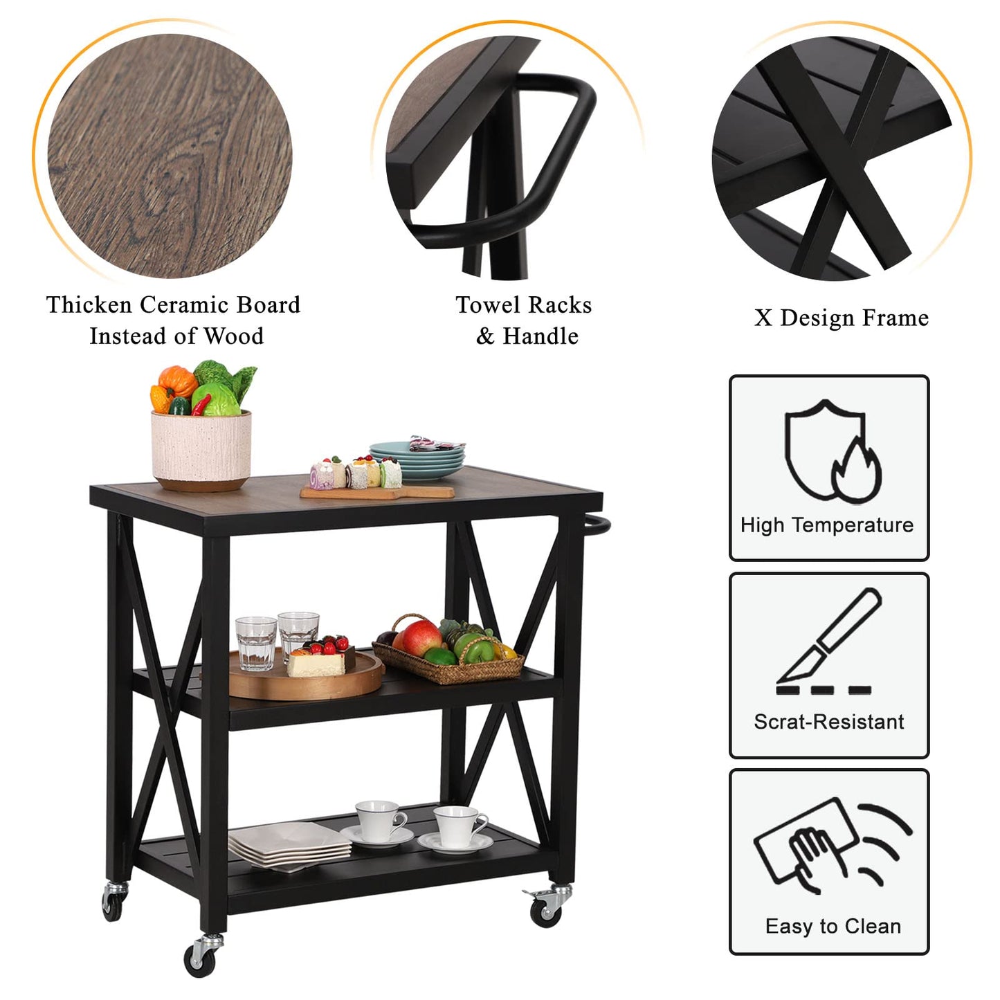 PHI VILLA Outdoor Grill Table, Elegant Grill Cart with Ceramic Wood Grain Table Top, Serving Cart with Shelves, Patio Grilling Backyard BBQ Grill Cart, Black