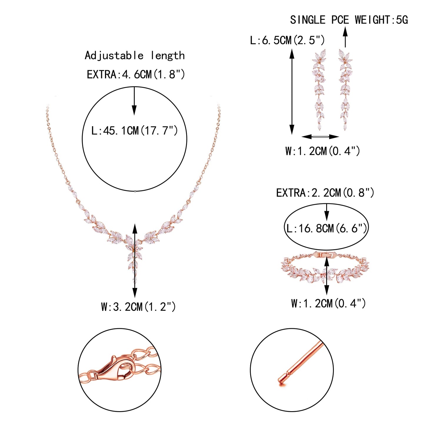 EVER FAITH Cubic Zirconia Bridal Jewelry Set for Bride Bridesmaid, Marquise Leaf Flower Wedding Prom Necklace Dangle Earrings Bracelet Sets for Women Clear Rose Gold-Plated-Brass