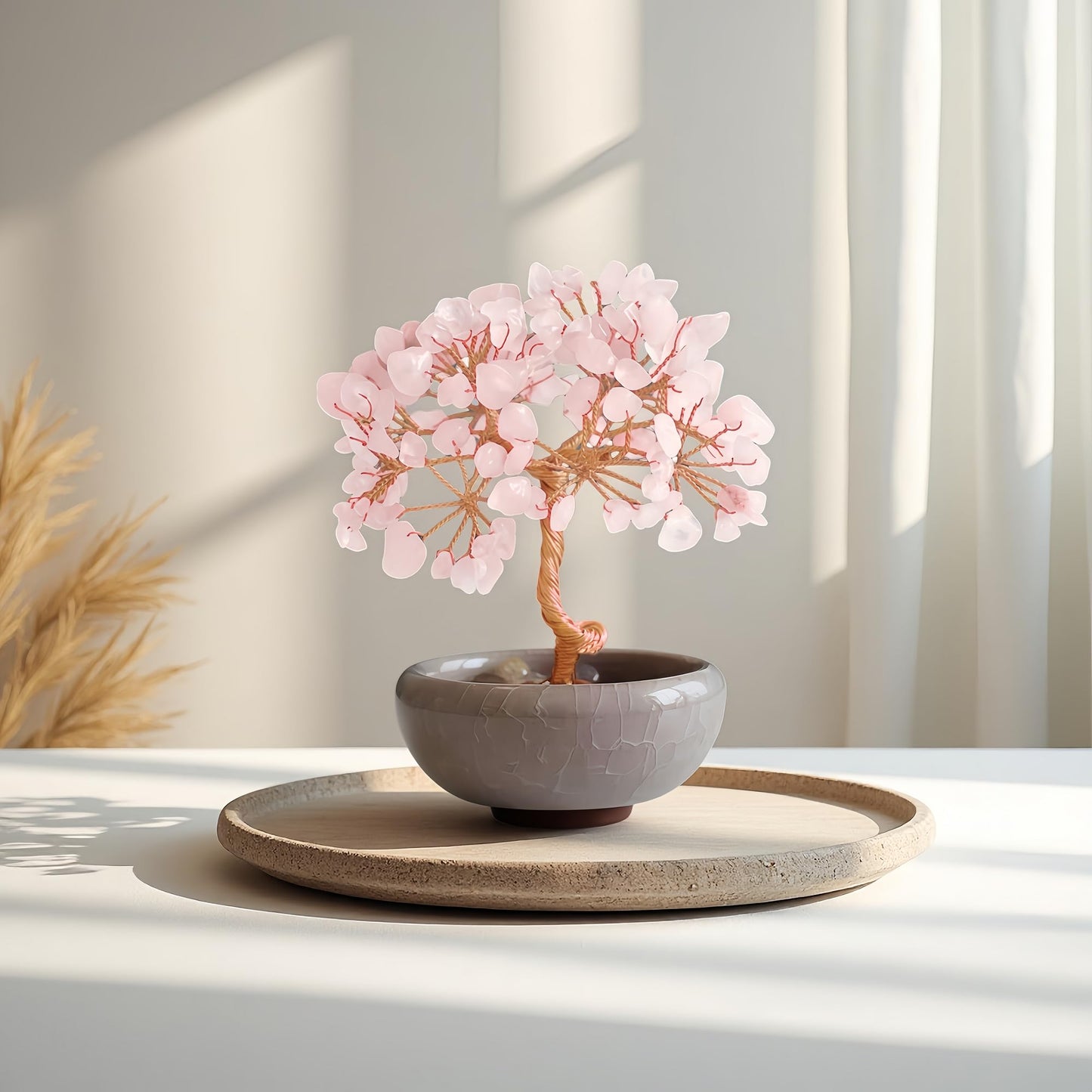 Rose Quartz Tree of Life Crystal Decor, Healing Gem Tree for Home Office Crystal Tree with Rose Quartz Base Pink Gemstone Tree of Life Decor