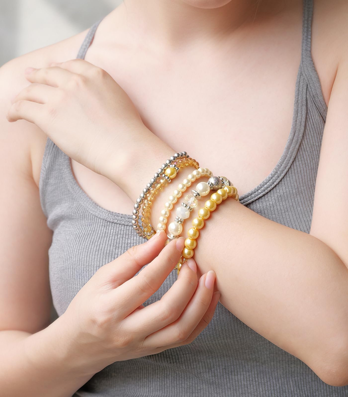 Noessla Beaded Pearl Stretch Bracelet Silver Stackable Crystal Beads Bracelets Trendy Costume Jewelry Mothers Day Gifts for Women(Yellow)