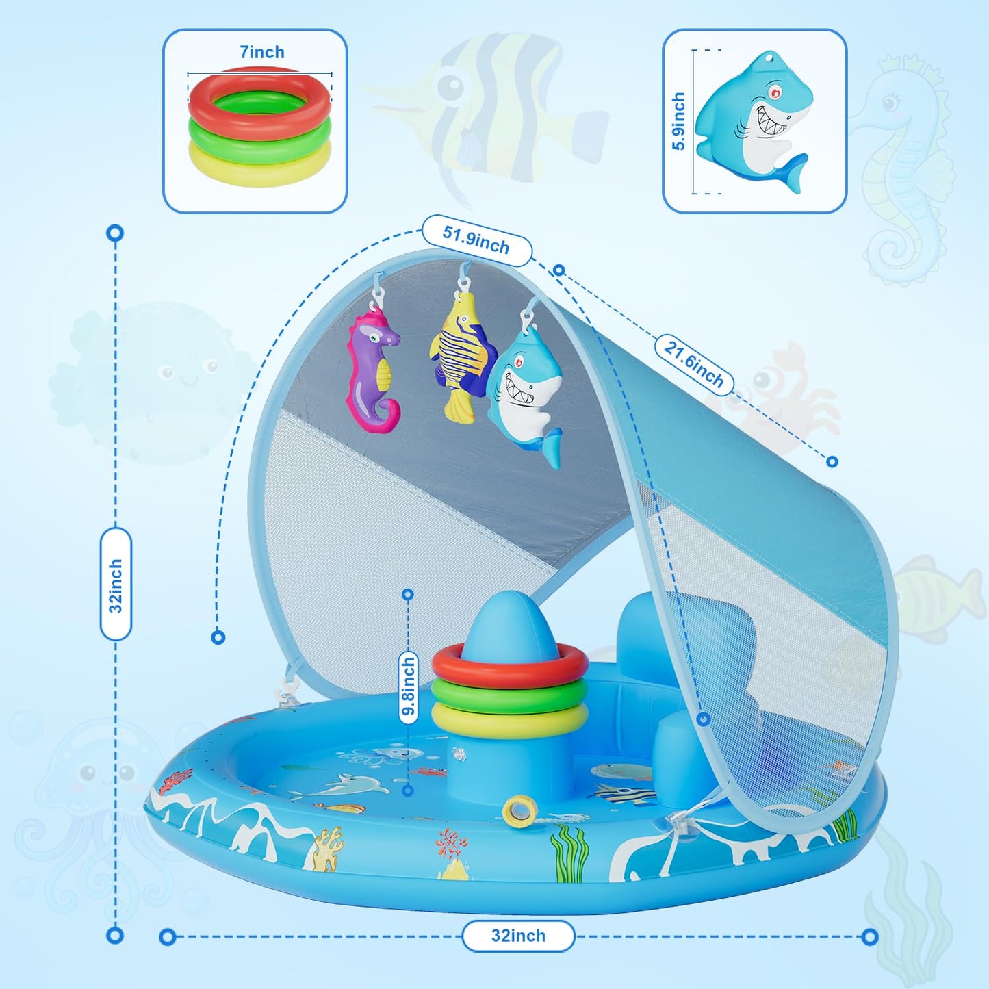 Verdenu Baby Splash Pad with Canopy, Baby Play Mat with Sprinkler, Toddler Splash Sprinkler Pad with Backrest & Stackable Rings, Summer Outdoor Water Play Toys for Boys Girls