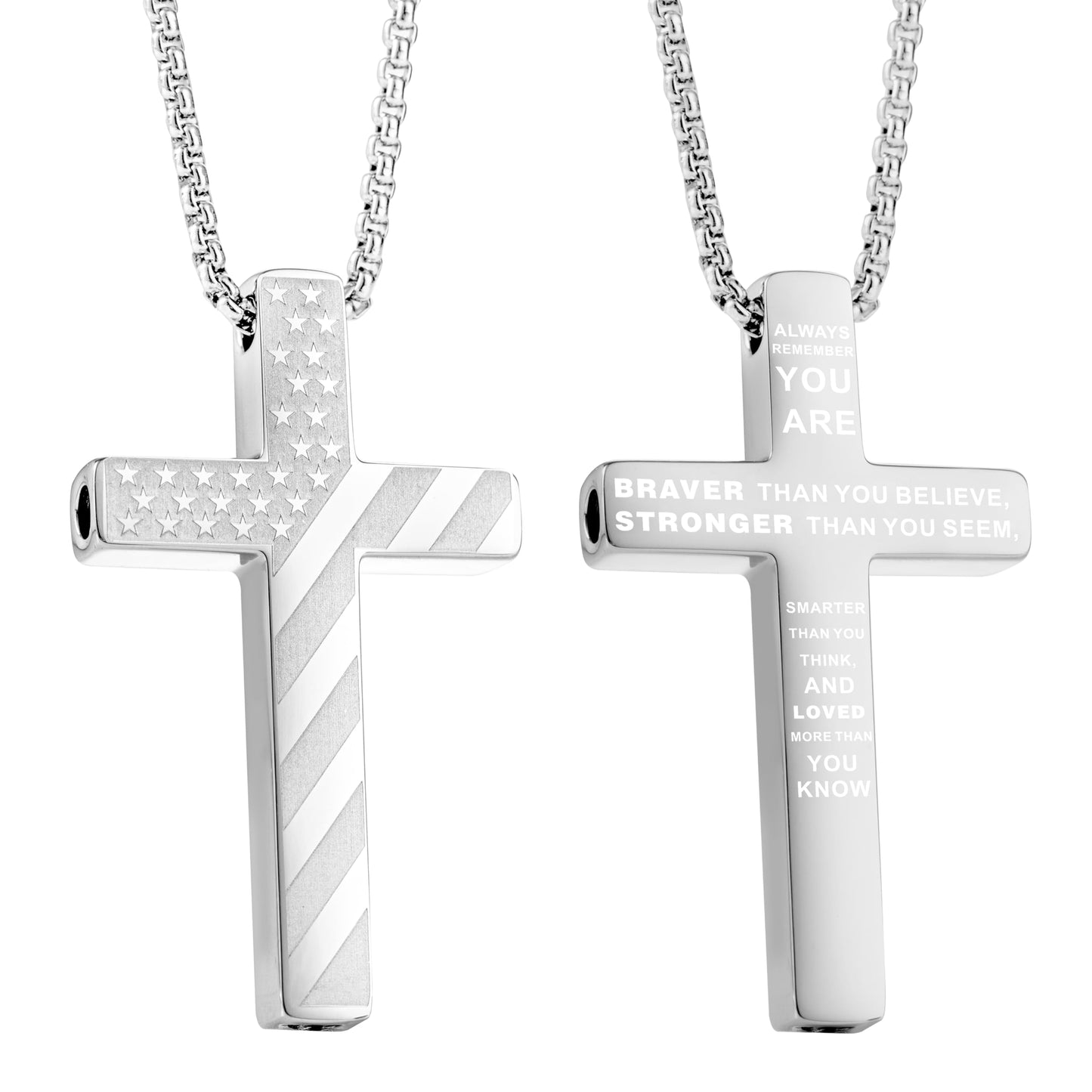 FUNPAR American Flag Cross Breathing Necklace, Stainless Steel Patriotic Jewelry, Inspirational Bible Verse Cross Necklace, Anxiety Relief Items for Men Christian Gift(Silver 0000)