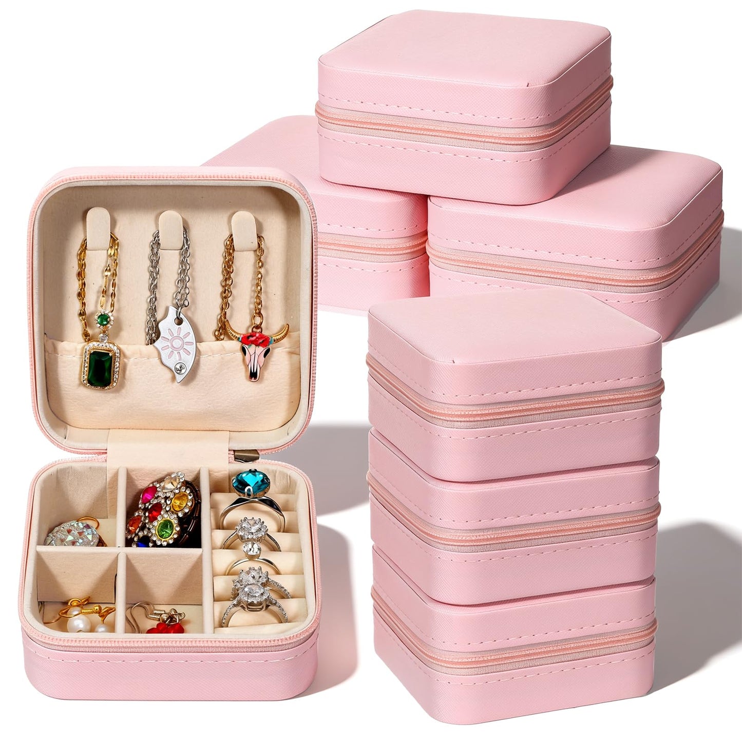 Douaowoc 10 Pack Travel Jewelry Box Mini Jewelry Case Bridesmaid Gifts Jewelrys Box, PU Leather Small Jewelrys Case Organizer Storage for Rings Earrings Necklaces, Beauty Gifts for Women Girls (Pink)