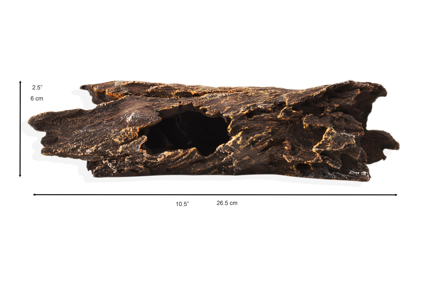 YAKCAM Reptile Hide 10.5 x 2.5 Inch Natural Looking Driftwood Aquarium Cave, Hideout for Amphibians, Lizards & Fish | Hollow Log with Life-Like 7" Monstera Plant | Terrarium & Aquarium Tank Decoration