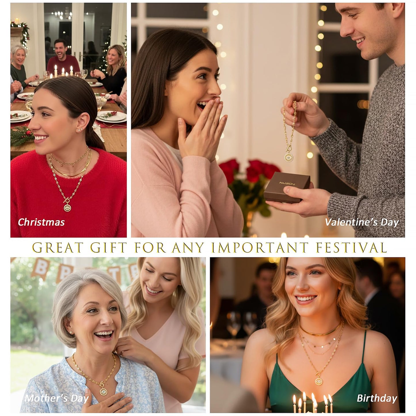 NUZON Round Evil Eye Pendant Necklace for Women 14K Gold Plated Coffee Bean Chain Coin Disk CZ Demon Eye Protection Charm Lucky Amulet Spiritual Jewelry Gift 18’’