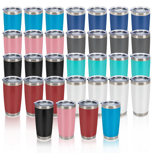 IEOVIEE 32 Pack, 20oz Stainless Steel Bulk Tumblers with Lids and Straws, Double Wall Insulated Travel Coffee Mug, Durable Powder Coated Tumbler Bulk Cup for Cold and Hot Drinks(Mixed color)