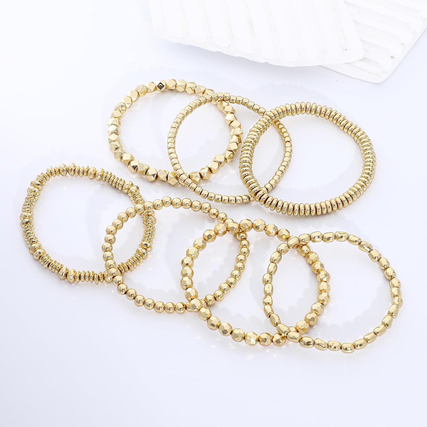 Sajidos Gold Plated Beaded Bracelets for Women Trendy, 14K Gold Plated Stack Cross Pearl Gold Plated Bead Stretch Bracelets Set Elastic Hypoallergenic Bracelets Jewelry Gifts
