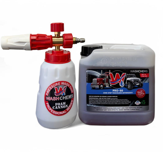 Wash Chems PRO-50 Touchless One Step Car Wash Detergent Soap with Professional Foam Cannon (1 Gallon, 128 oz) No Brushing, Commercial Grade Auto Cleaner Great for Trucks & Tractors