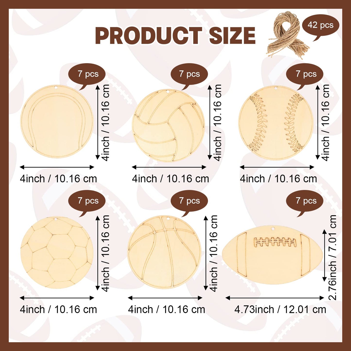 42 Pieces Sports Theme Unfinished Wood Cutouts Football Volleyball Baseball Basketball Soccer Tennis Shaped Wooden Slices with Twines Hanging Ornaments Sport Themed Party Home Decoration
