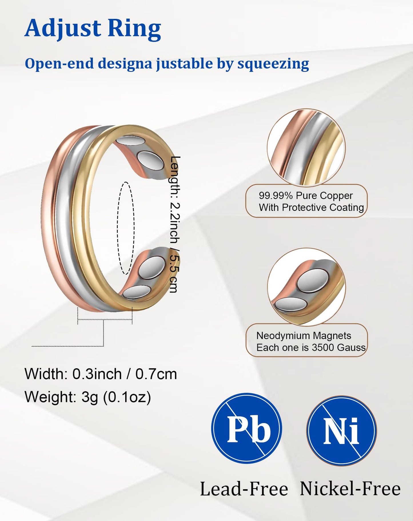 MagSølv 2PCS Copper Rings for Women, 99% Pure Copper Adjustable Magnetic Ring with 4 Magnets, Tricolor Gold Jewelry