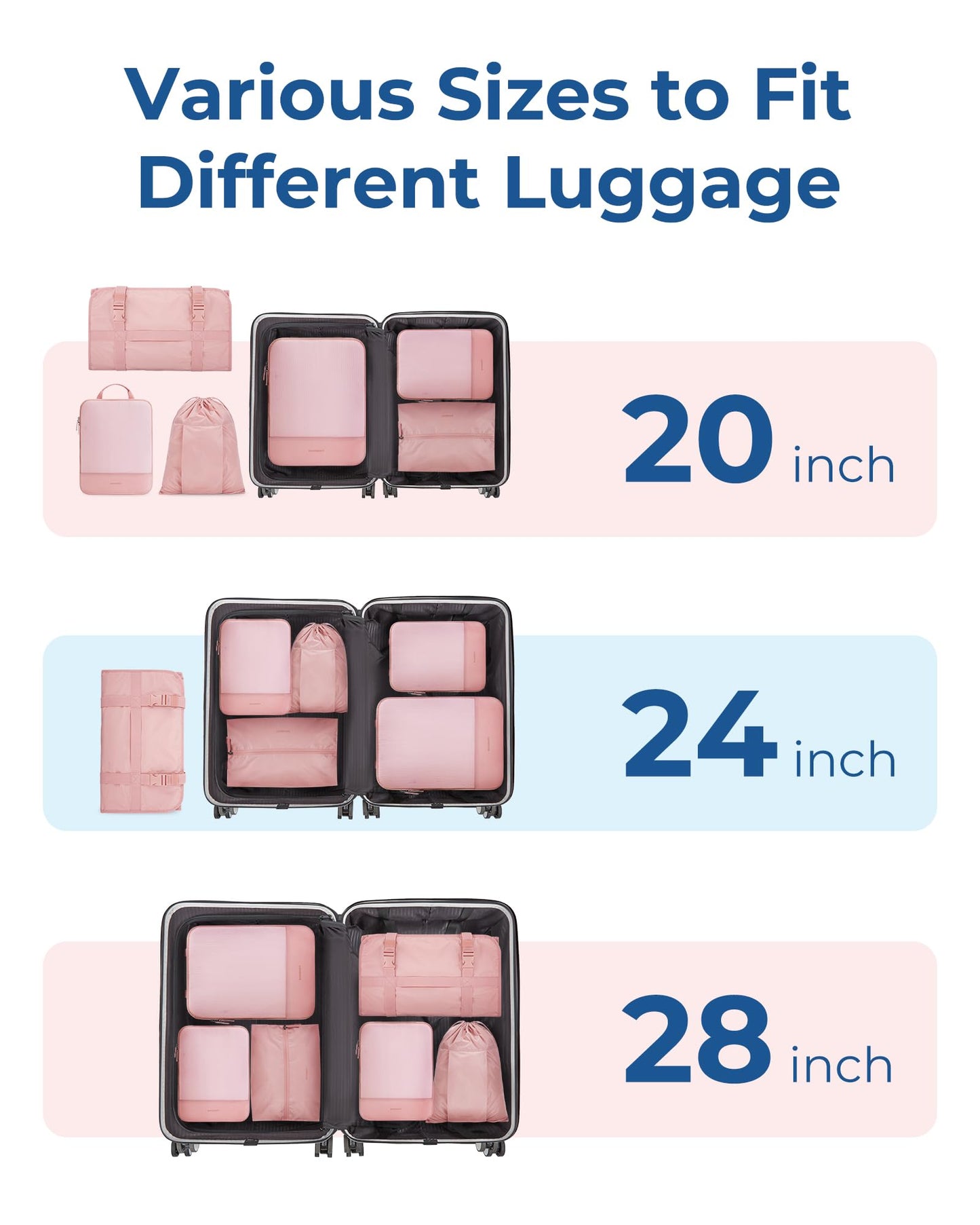 BAGSMART Hanging Compression Packing Cubes for Closet Organizers And Storage, 6 Set Suitcase Organizer Bags Set, Cruise Travel Essentials for Women, Baby Pink