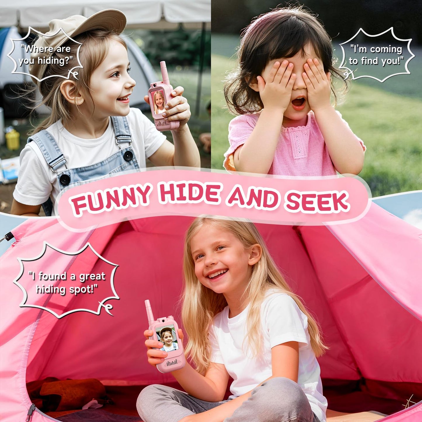 Video Walkie Talkies for Kids, Handheld 2 Pack Rechargeable Video Intercom Kids Walkies Talkies, Indoor Outdoor Toys for Family Games, Outside, Camping, Hiking for Boys Girls Ages 3-12 (Pink/Pink)