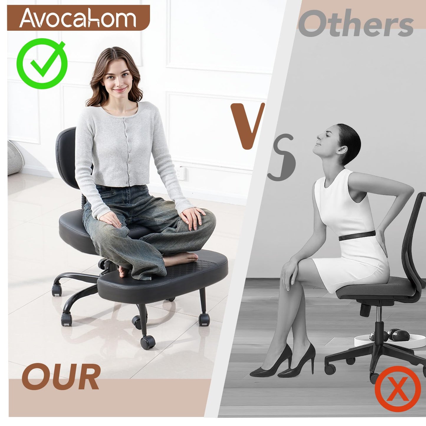 Avocahom Ergonomic Cross Legged Office Chair with Wheels, Criss Cross Desk Chair with Leg Rest, Meditation Chair Yoga Kneeling Chair, Adjustable ADHD Chair Black
