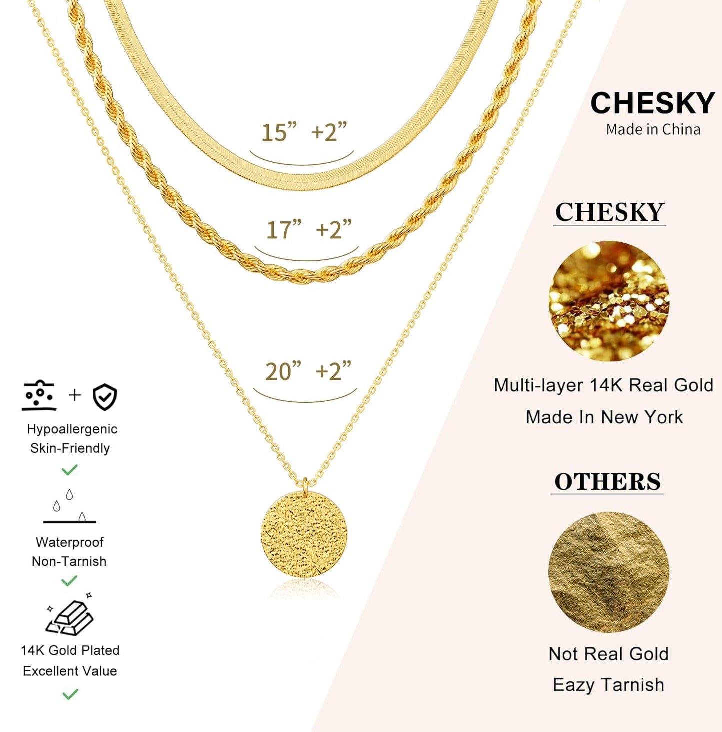 CHESKY Layered Necklace for Women Trendy,Dainty 14K Gold Plated Bar Disc Pendant Necklace Simple Snake Rope Chain Gold Jewelry Set for Women Gifts