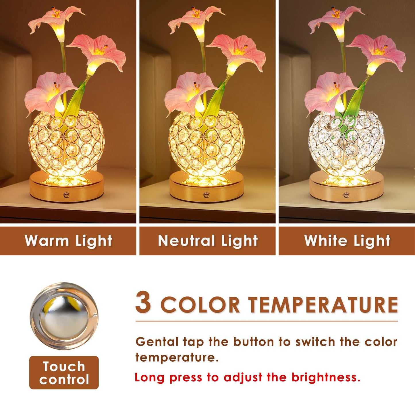 Pink Morning Glory Flowers Table Lamp, Rechargeable Cordless Touch Artificial Flower Crystal Lamp, Kitchen Bedroom Office Decor House Night Light, Birthday Gifts for Women Mom