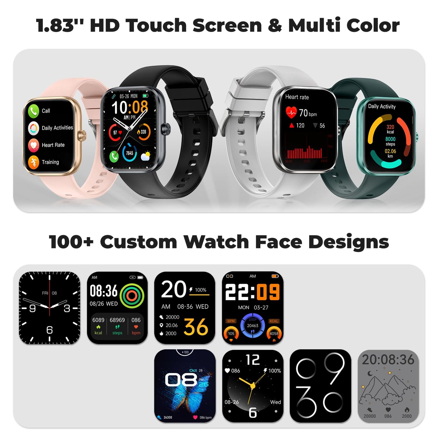 Smart Watch for Men Women, 1.83" HD Touchscreen Fitness Watch with Bluetooth Call&Message Notifications, 110+Sport Modes, 24/7 Heart Rate/Sleep Monitor, IP68 Waterproof Fitness Tracker, Grey Black