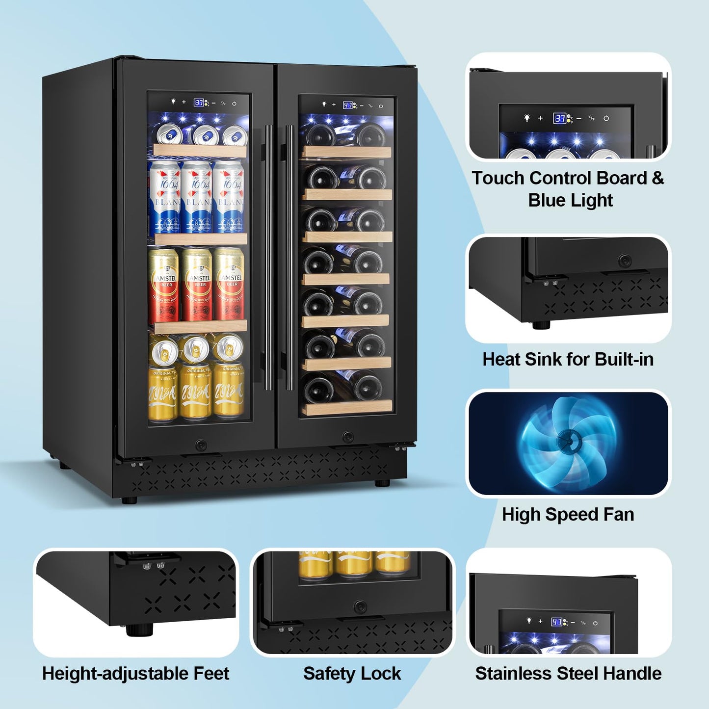 Wine and Beverage Refrigerator with Glass Door, 24-Inch Dual Zone Wine Fridge Under-Counter,4.6 Cu.Ft. 65 Cans and 20 Bottles Wine Cooler,Built-in or Freestanding Wine and Drink Fridge with Blue Light
