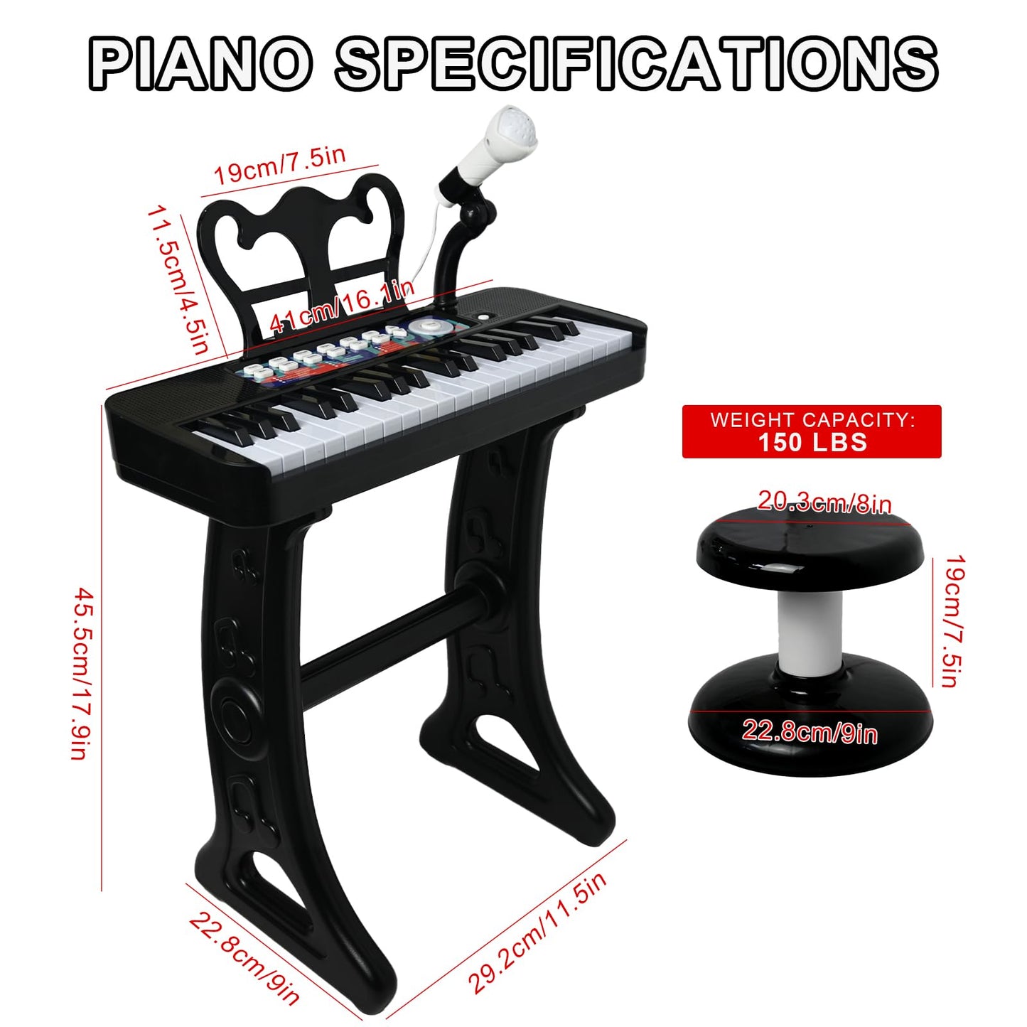 Love&Mini Piano Toy for Kids - 37 Keys Piano Keyboard Toy with Stool and Microphone, Black Electronic Musical Instrument Birthday Gift for Kids 3 4 5 6 7 8 Years Old Boys and Girls