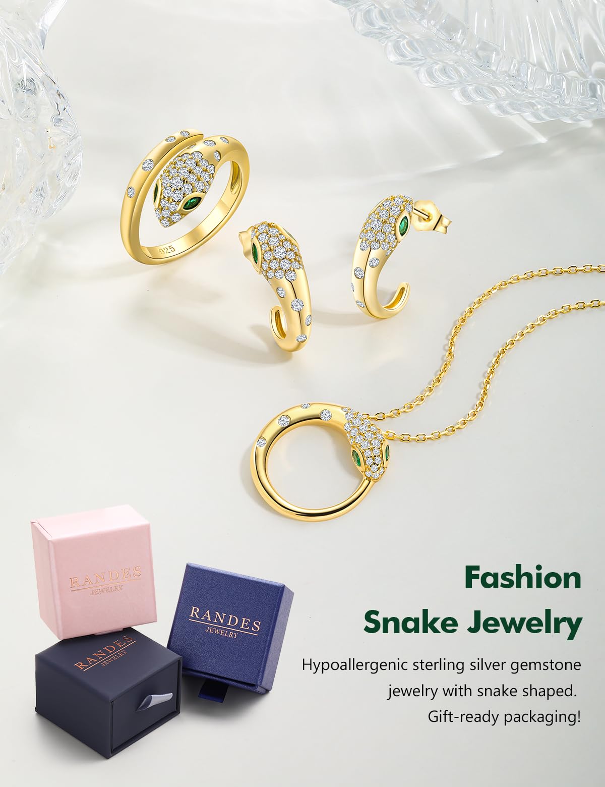 RANDES 14K Gold Plated Fashion Snake Statement Adjustable Ring Sterling Silver Cocktail Punk Jewelry Emerald Cz Snake Rings for Women Size 6