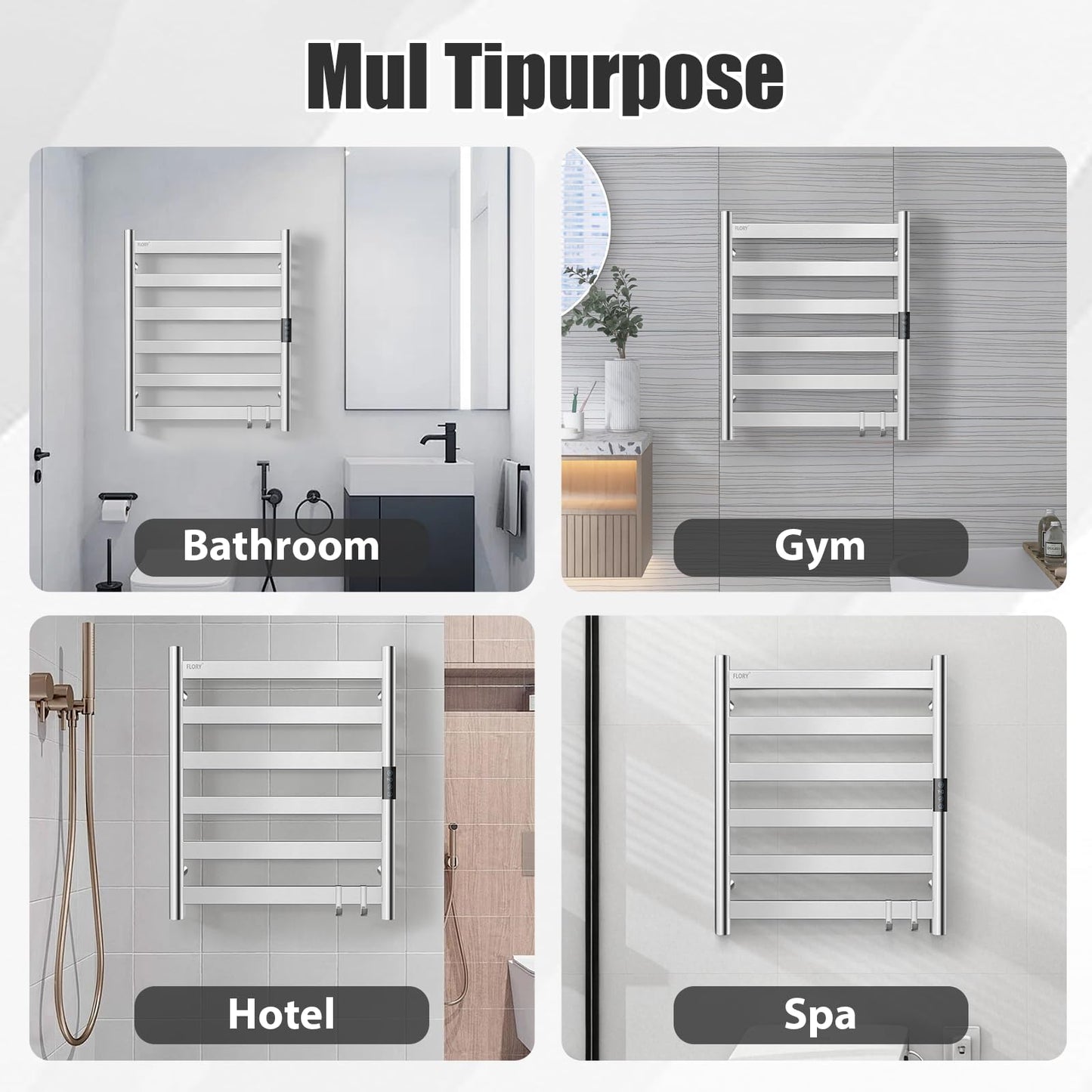 R FLORY Heated Towel Rack for Bathroom, 6 Bar Wall Mounted Towel Warmer Rack Flat with Timer & Temperature, Electric Towel Heater with LED Display Screen, Plug-in