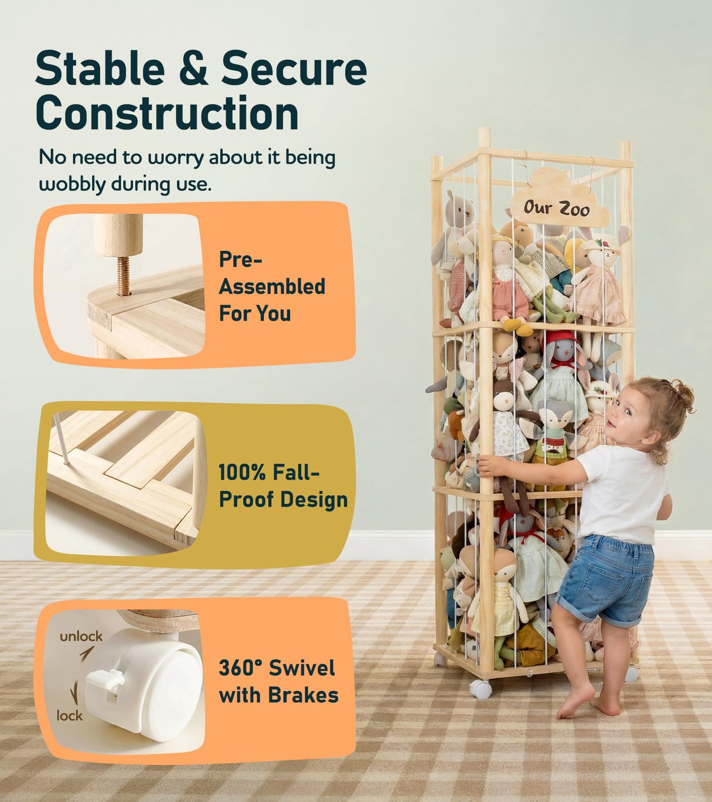 Little Dove Stuffed Animal Storage, Wooden Stuffed Animal Zoo with Brake Wheels, Large Capacity Stuffy Plushies Storage, Space Save Toy Organizer for Nursery Playroom Kidroom Bedroom, 54 Inch