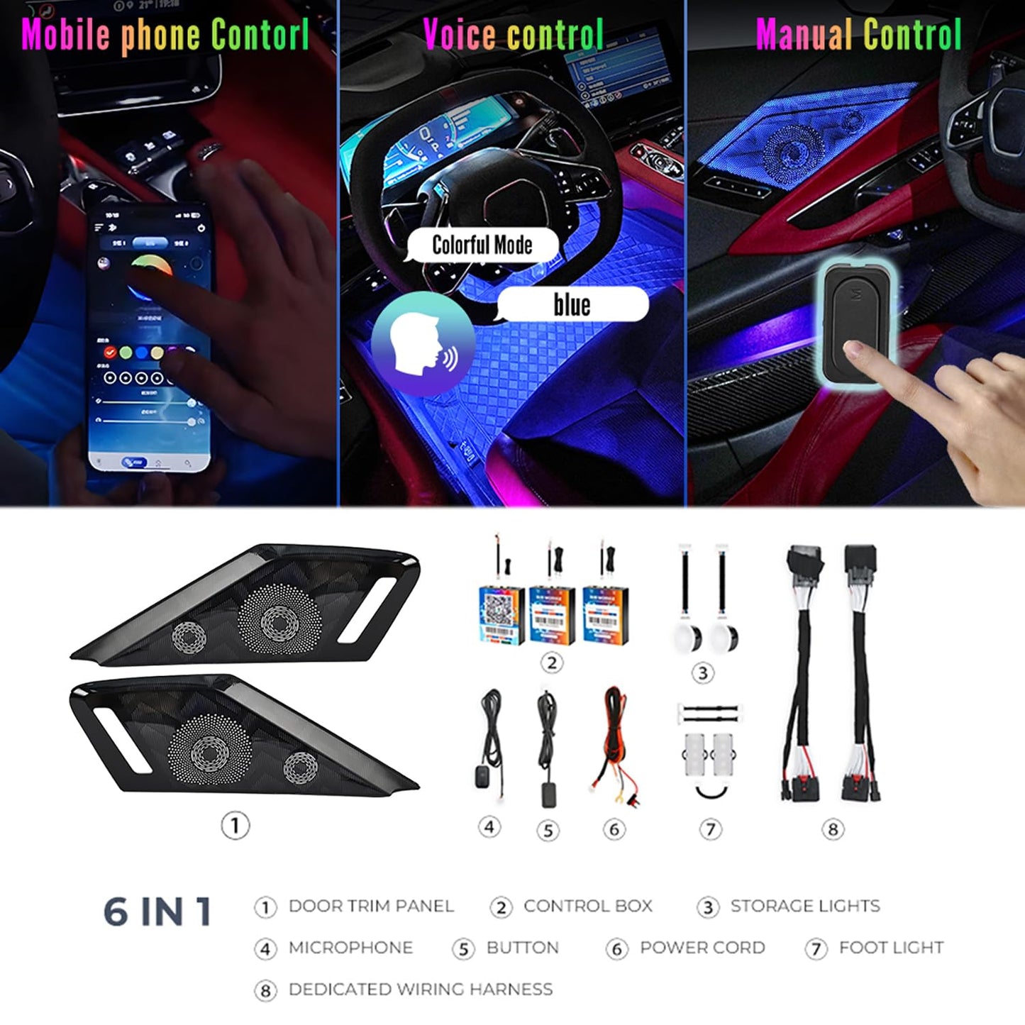 BILLFARO Door Speaker Relays Cover with LED RGB Ambient Light,Atmosphere Door Storage Box Lamps Foot Lights for Corvette C8 Stingray Z51 2020+ for Z06/E-ray 2023+,Voice APP Button Switch