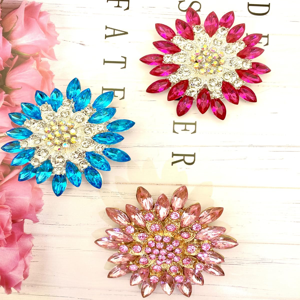 Rhinestone Sunflower Brooch Pin for Women Red Black Purple Large Flower Broochs Snowflake Brooch Marquise Wreath Brooches Jewelry (Pink1)