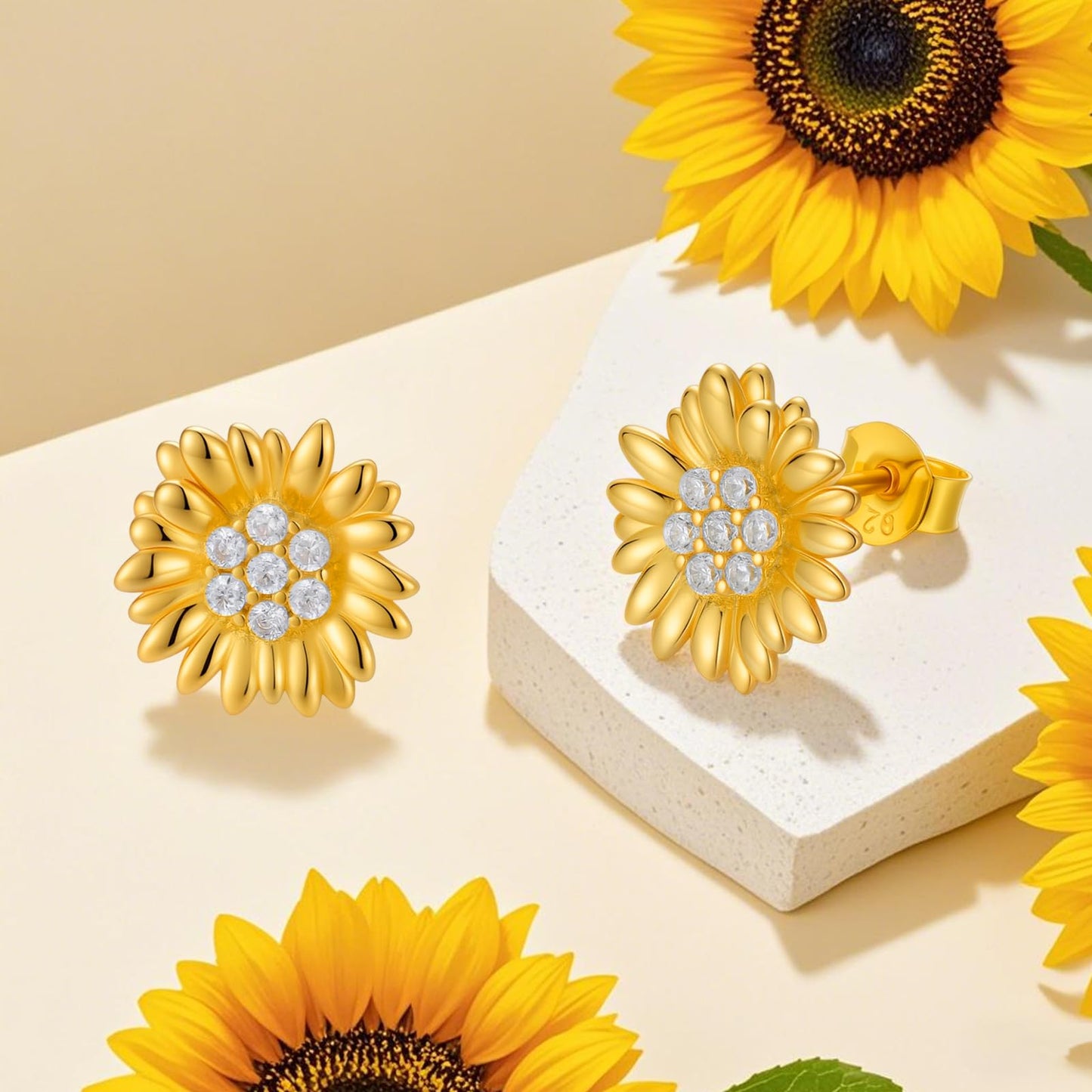Diamond Sunflower Earrings for Women, 925 Sterling Silver Sunflower Stud Earrings with Lab Grown Diamonds Jewelry Gifts for Christmas Mothers Day Birthday