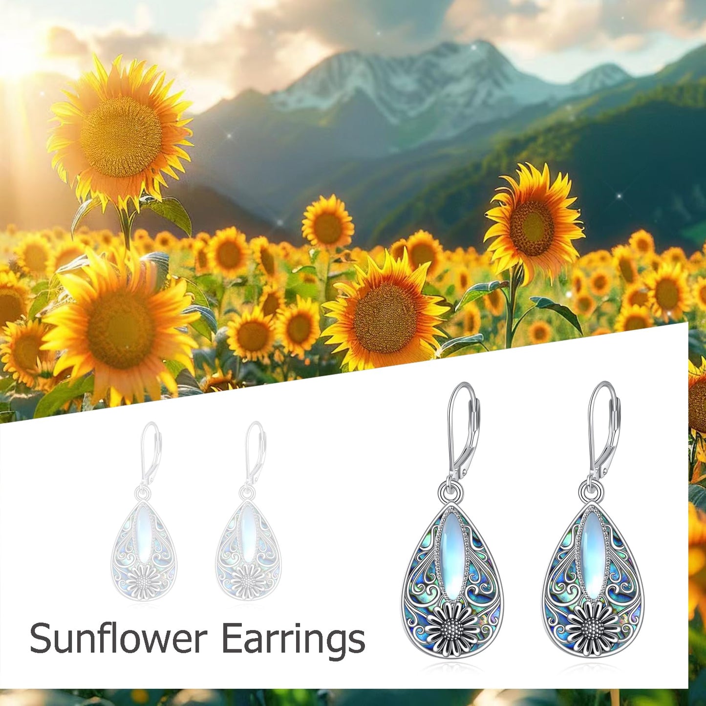 Sunflower Filigree Earrings Sterling Silver Teardrop Abalone Shell Drop Dangle Filigree Leverback Earrings Gifts for Women Jewelry