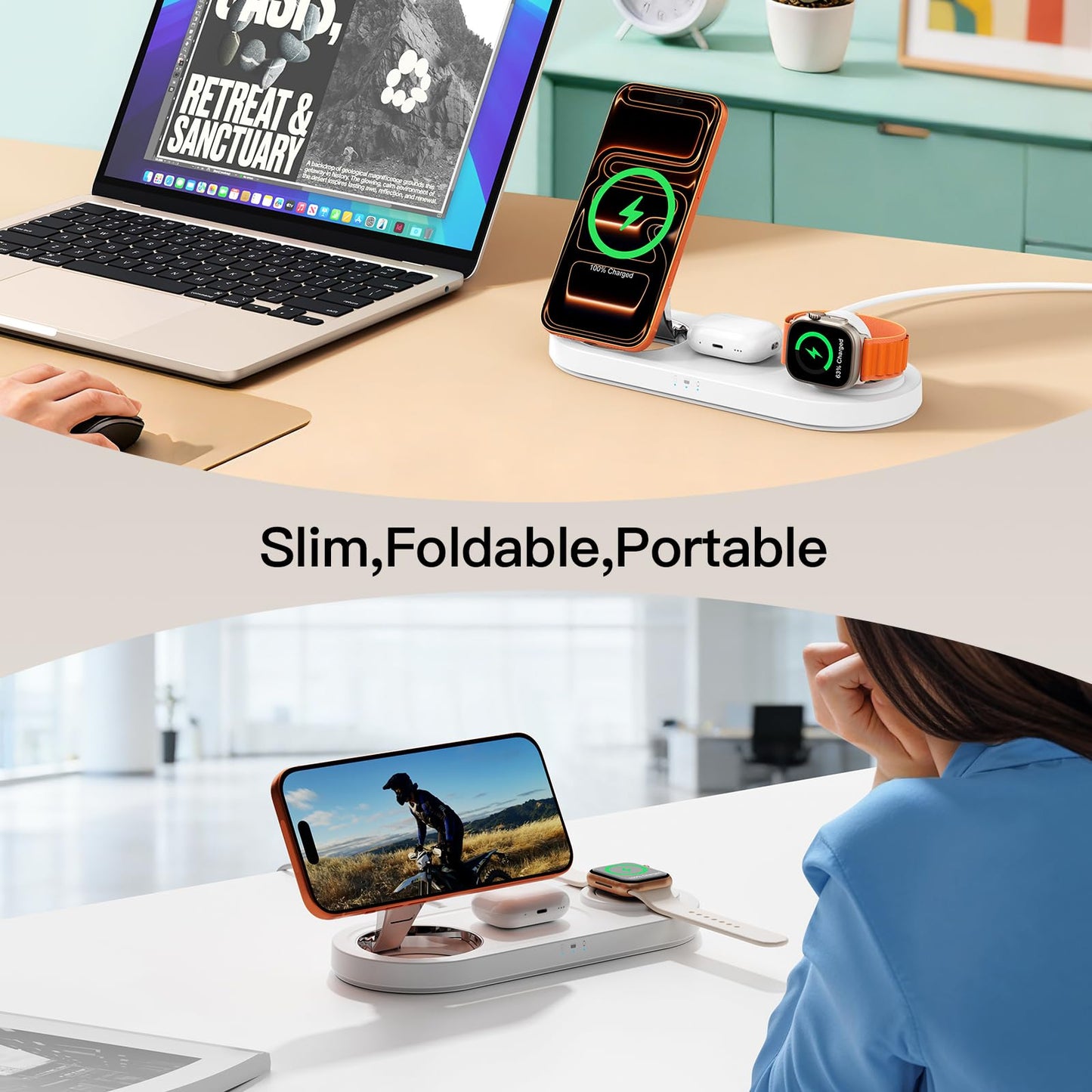 for Apple Watch 5W Fast Charger：3 in 1 Wireless Charging Station for Apple Mag-Safe Charger Stand,Fast Magnetic Wireless Charger Station for iPhone171615 14 13 12 Series,Airpods, Watch（Foldable