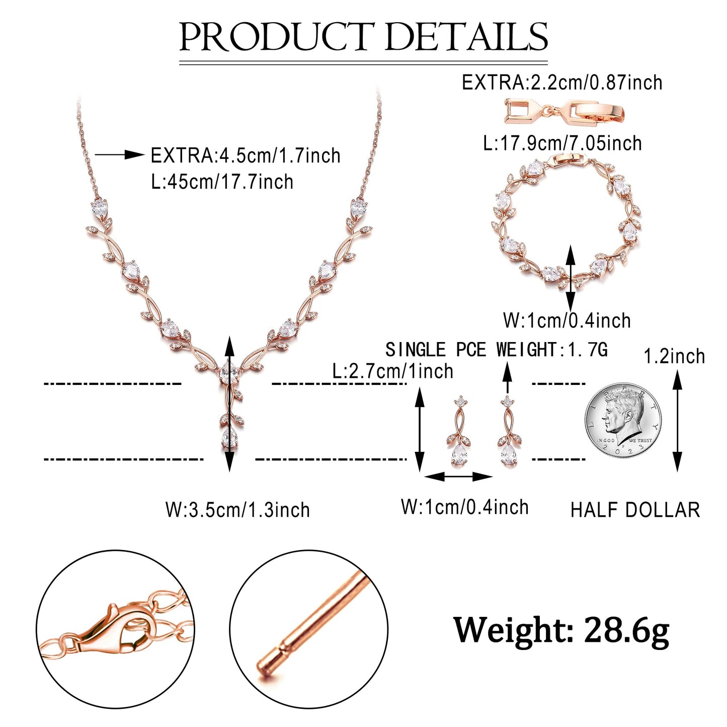 EVER FAITH Wedding Jewelry Set for Bride Bridesmaid, Rose Gold-Plated-Brass White Teardrop Cubic Zirconia Leaf Vine Bridal Prom Necklace Dangle Earrings Bracelet Sets for Women