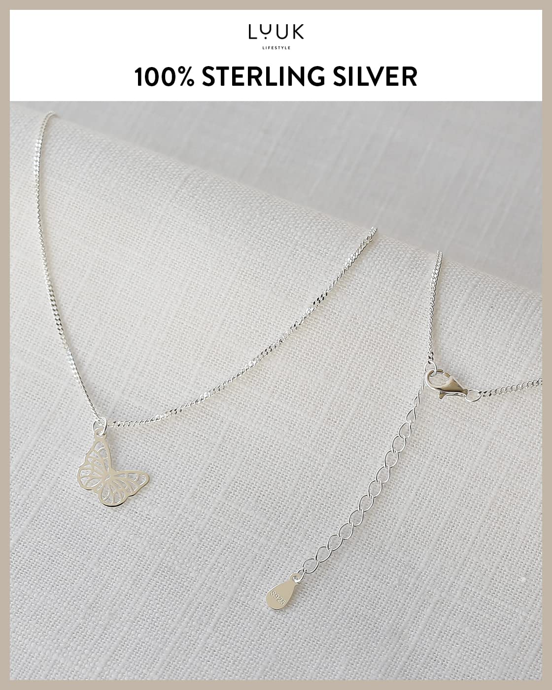 LUUK LIFESTYLE 925 sterling silver Necklace (19”), butterfly pendant necklace with HAPPINESS card, gift for friend, fiancée, Mother’s Day, Valentin’s day, lucky charm, minimalist jewelry, silver