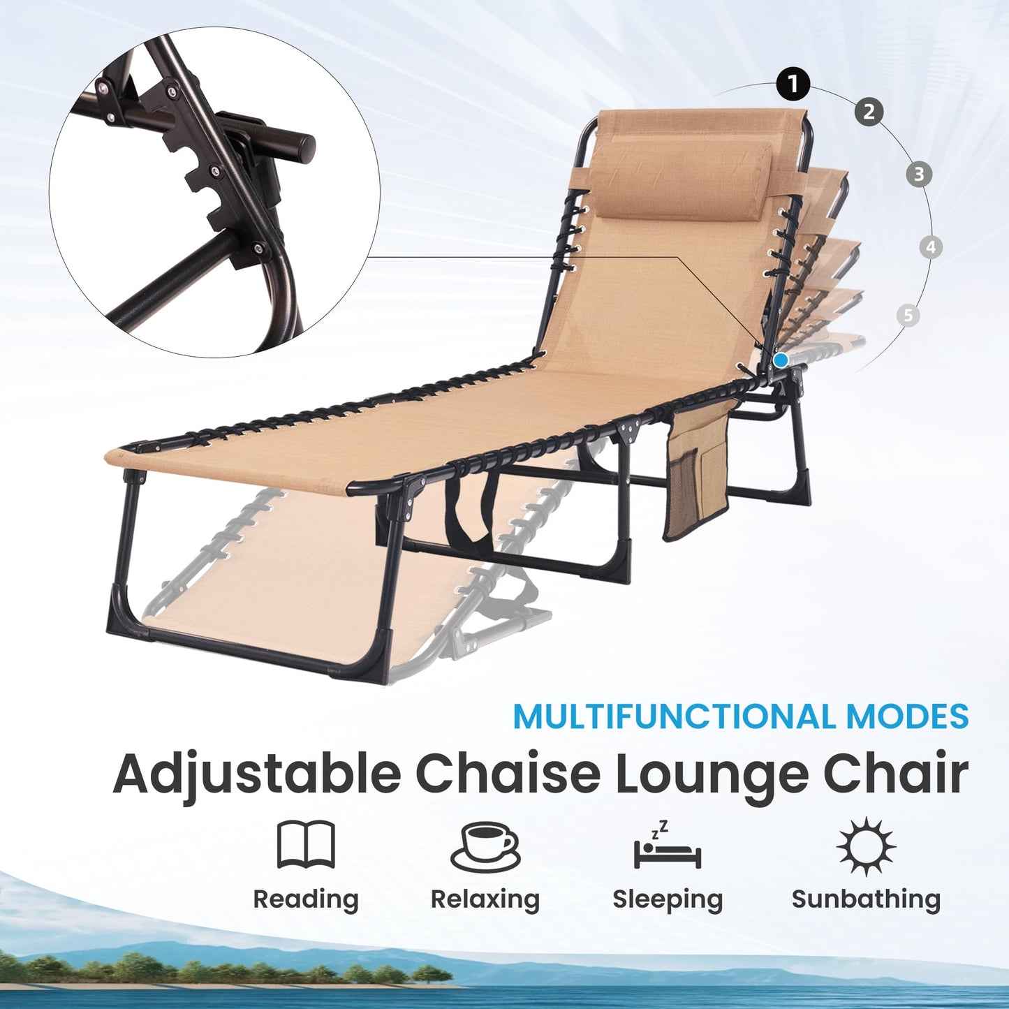 Foristrail 2 Pack Folding Chaise Lounge Chair 5-Position Adjustable Outdoor Recliner 400LB Capacity Portable Patio Camping Beach Pool Sunbathing Lounger with Pillow, Light Beige