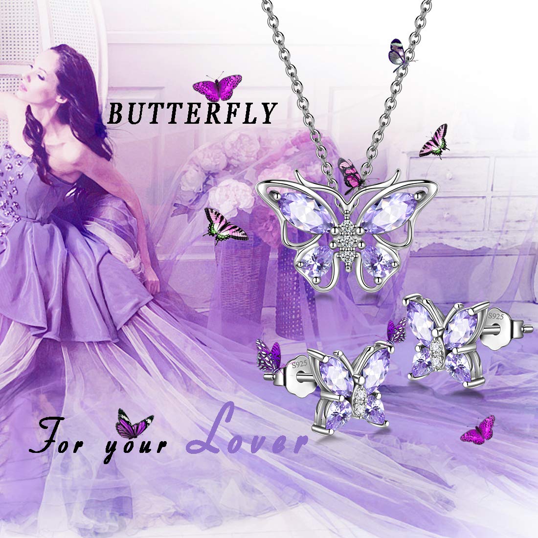 Hipunk Butterfly Blue Jewelry Sets Birthstone Women 925 Sterling Silver June-Alexandrite Birth Stone Animal Butterflies Jewelry Sets/Earring Set Crystal Birthday Jewelry SS0001U