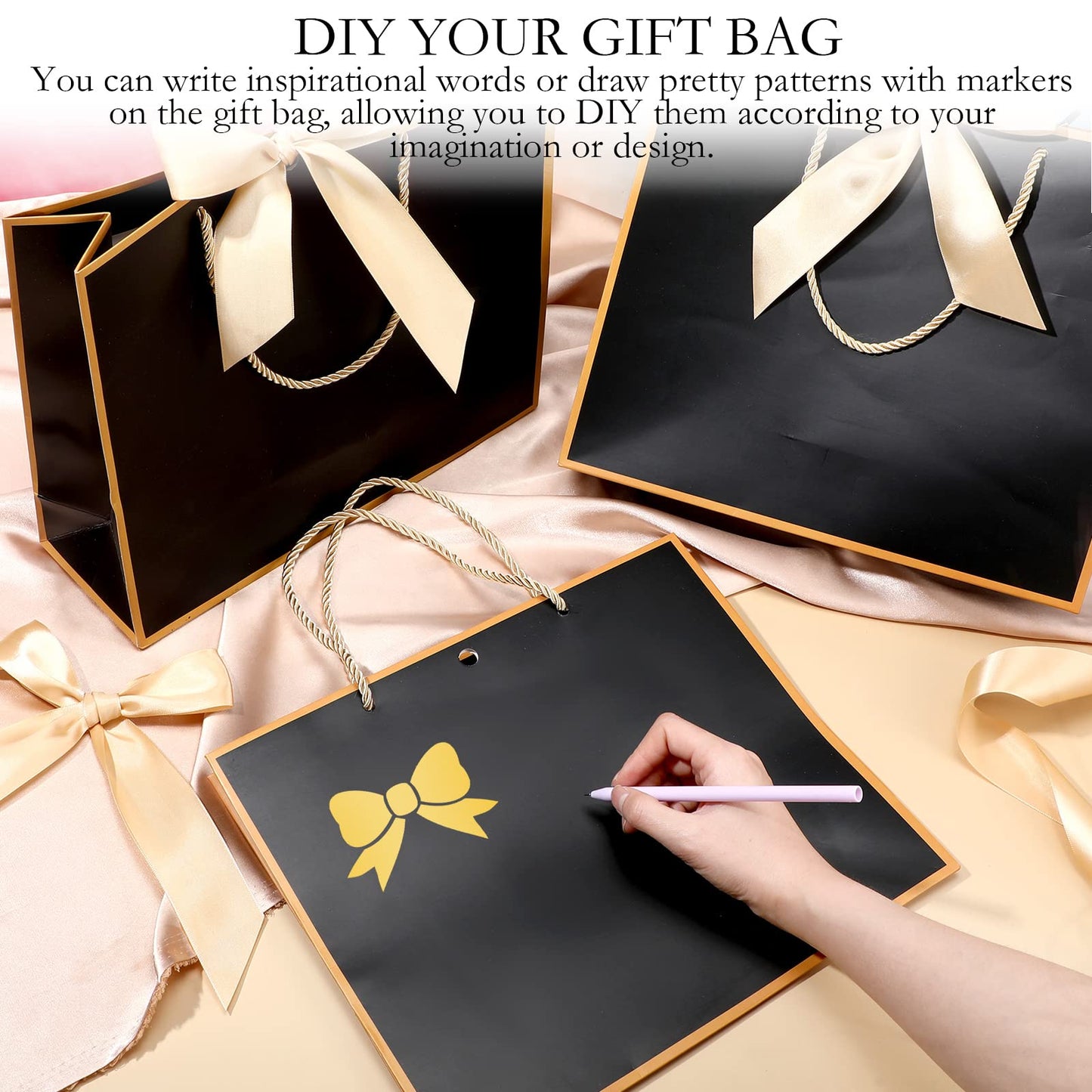 Silkfly 12 Pcs Thank You Gift Bags with Handle 12x10x4'' Welcome Elegant Gifts Bag with Bow Ribbon for Mother's Day Wedding Graduation Bridesmaid Baby Shower Birthday Housewarming (Black)