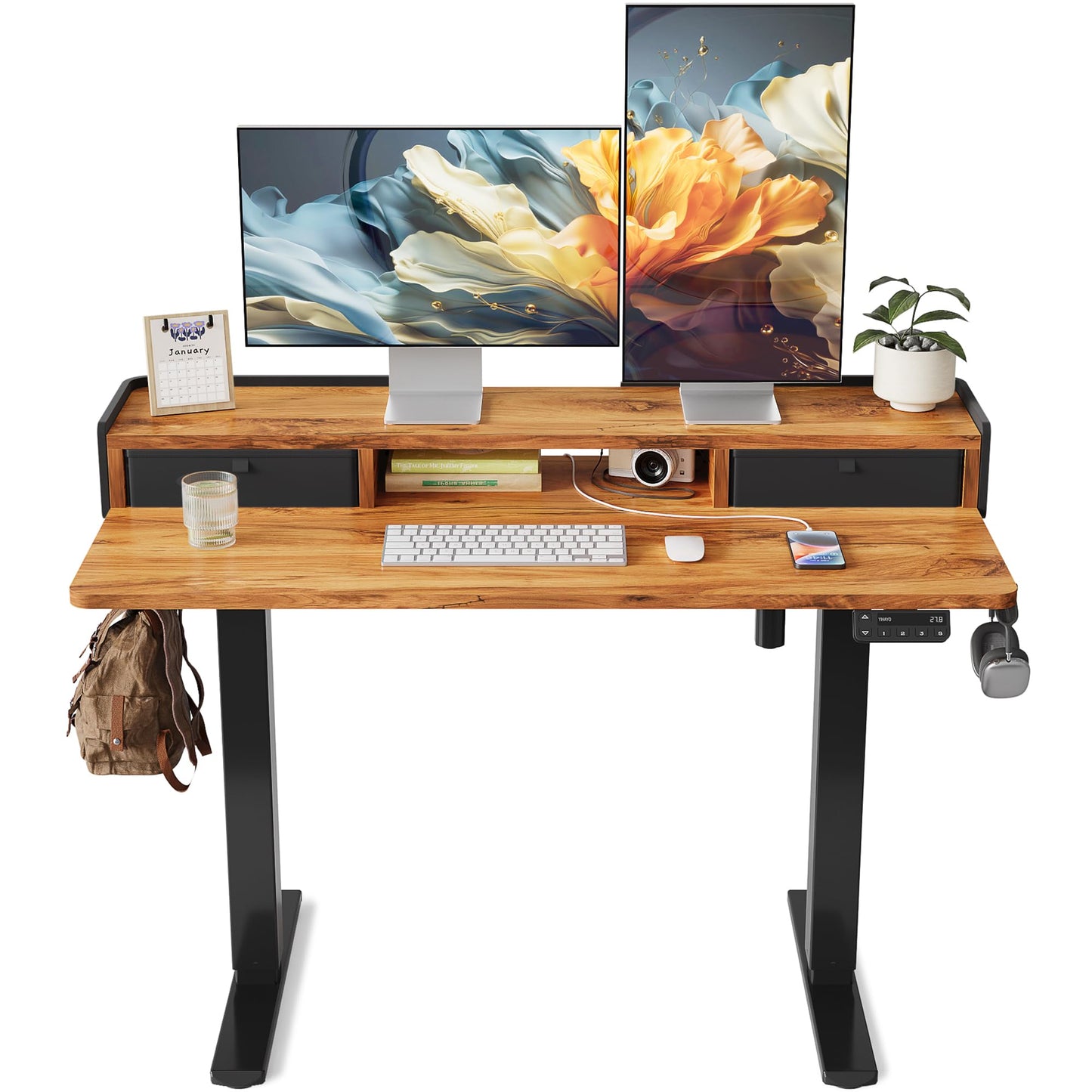YIHAYO Electric Standing Desk with Drawers, 48 x 24 Inches Adjustable Desk with Storage Shelf, Stand Up Desk with Splice Board, Computer Table for Home Office, Black Frame/Rustic Brown Top