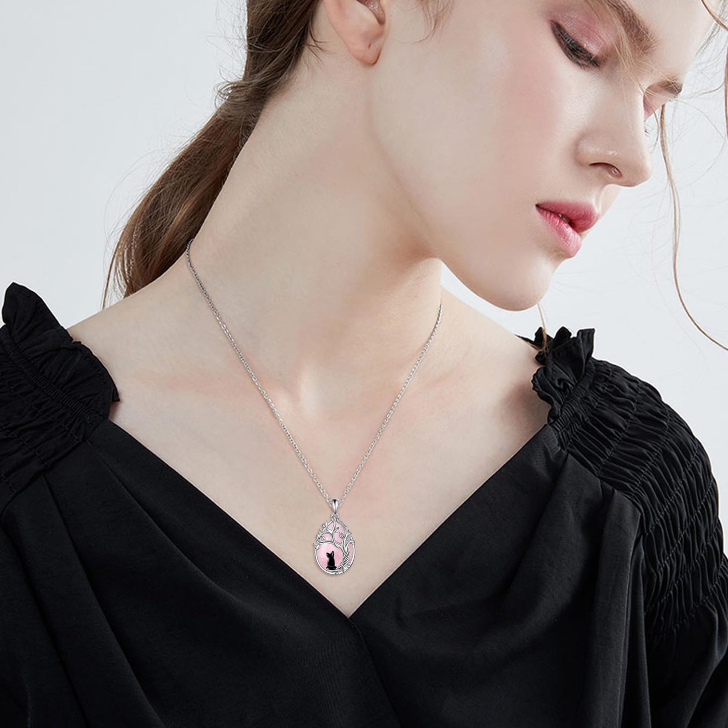 POPLYKE Rose Quartz Tree of Life Black Cat Necklace for Women 925 Sterling Silver Family Tree Pendant Jewelry Birthday Gifts