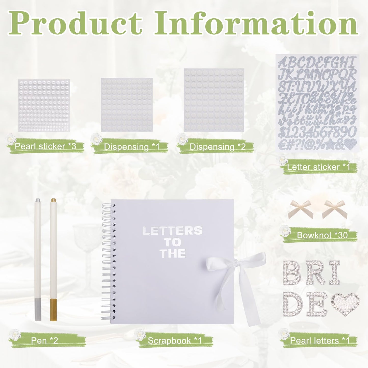 BINBE 8 x 8 Inch Letters to The Bride Scrapbook Kit DIY Blank Paper Scrapbook Photo Album Wedding Memory Book Bridal Guest Book Sign with Pearl Stickers, Letter Patches, Bows White