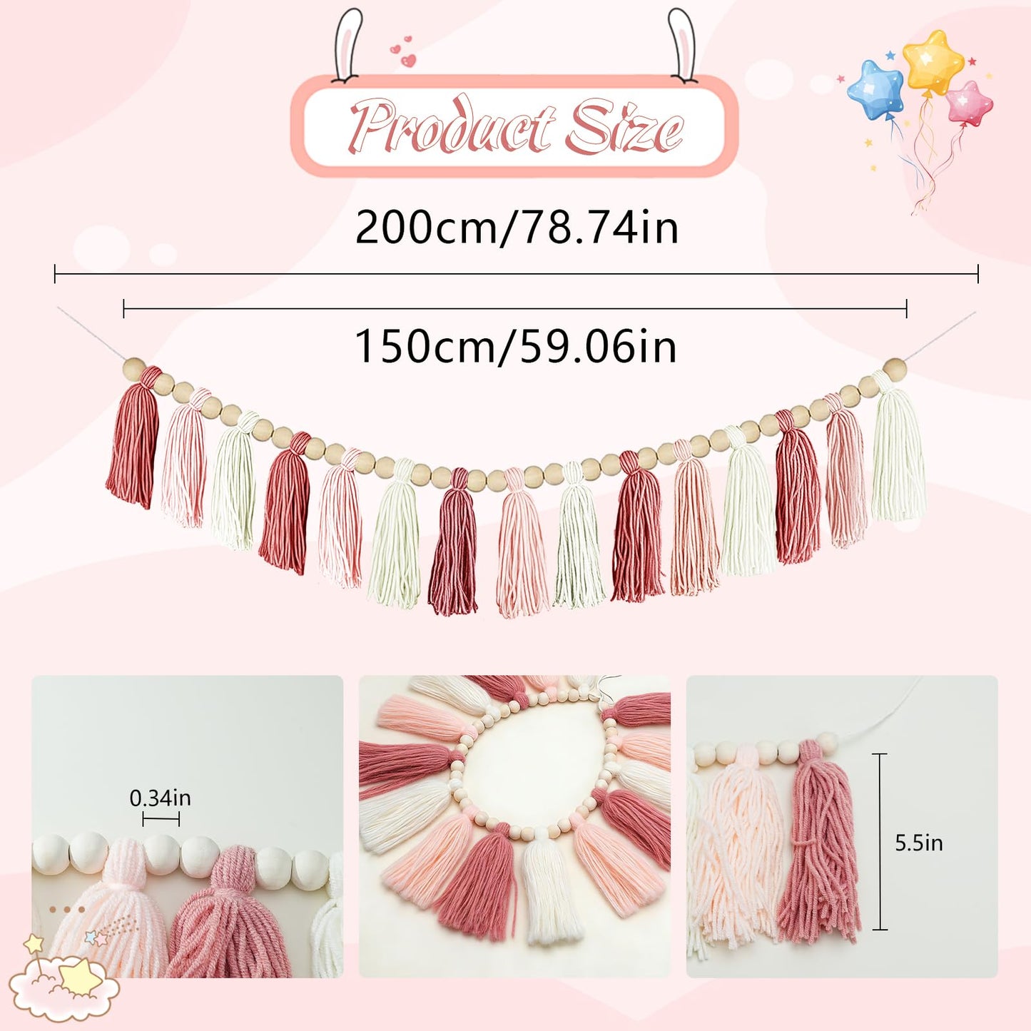 Boho Yarn Tassel Garland - Handmade Wall Hanging Decor for Nursery, Baby Shower, Kids Room, Classroom, Birthday Party - Macrame Tassels Banner for Bedroom, Office, Home Decoration (Pink)
