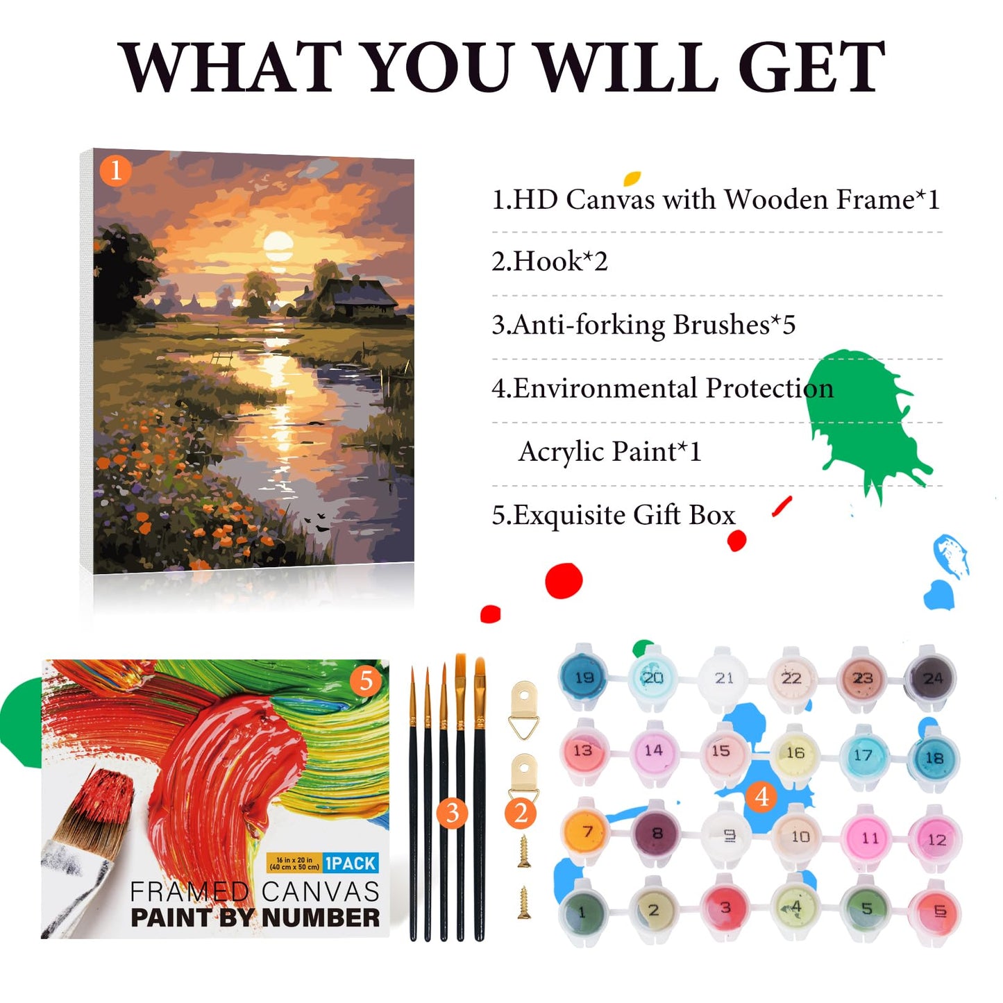 Fountor Framed Paint by Numbers Kit for Adults Beginner, Countryside Sunset Adult Paint by Number Kits on Canvas, Riverside Cabin Oil Painting by Numbers for Home Decor Gift 16” W x 20”L