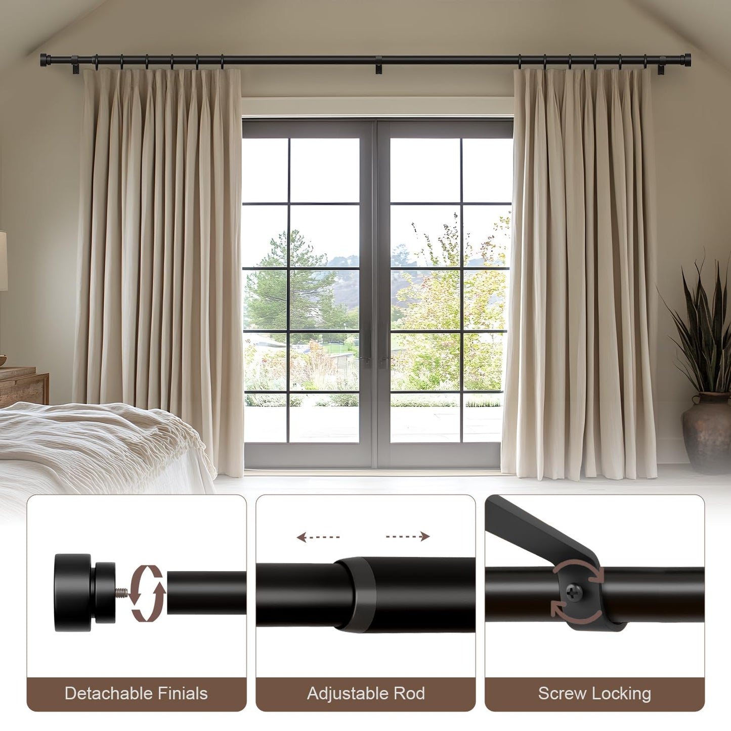 Lootkell Black Curtain Rods for Windows 48 to 84 Inches Adjustable Heavy Duty 1" Diameter Window Curtain Rod with Decorative Finials for Outdoor Farmhouse Bedroom Kitchen Living Room
