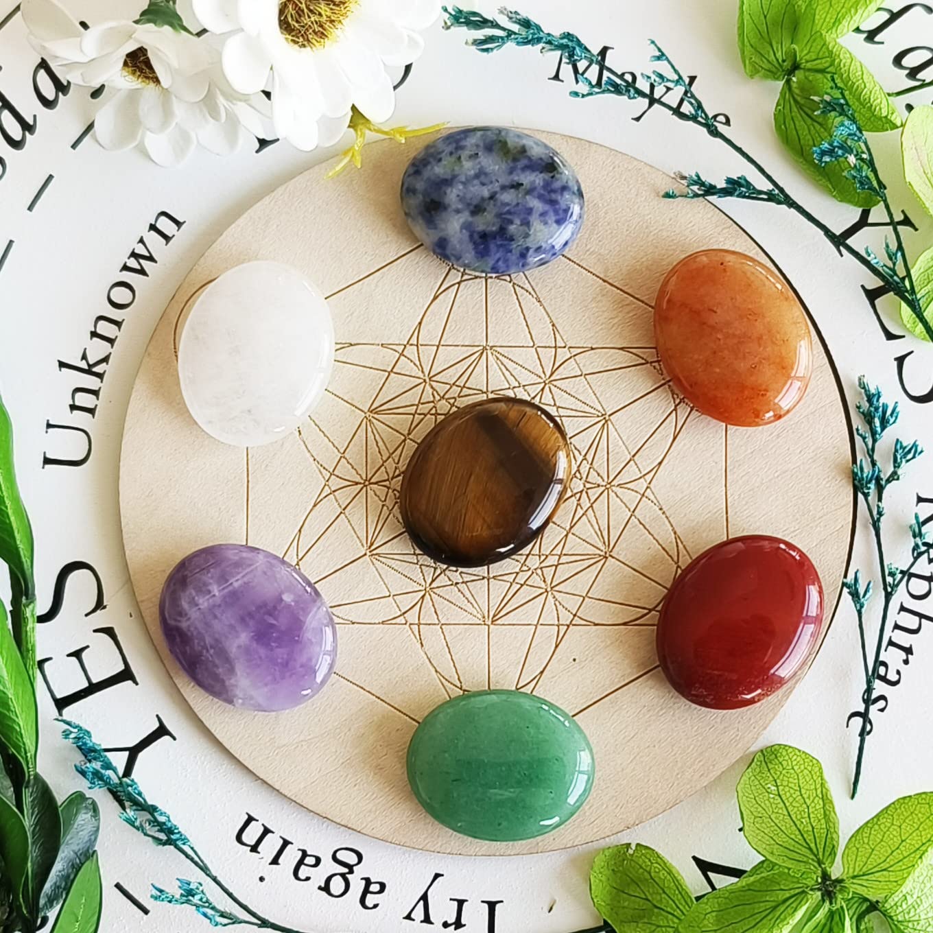 ZHIYUXI 7PCS Healing Crystals Chakra Stones Worry Stone for Anxiety Gemstones Amethyst Clear Quartz Tiger Eye Green Aventurine Crystals and Stones Crystals Bulk Oval ] Palm Stone Reiki Meditation